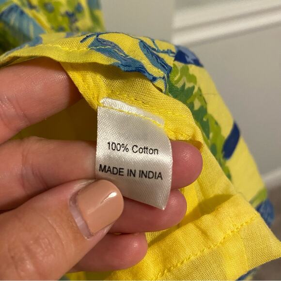 Banjanan Yellow Blue Cotton Bird Floral Mini Dress XS - Picture 8 of 11